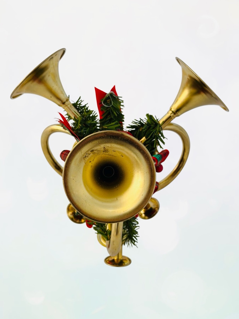 Brass Triple French Horn Taper Candle Holder, Vintage Christmas Holiday Decor - Picture 5 of 10
